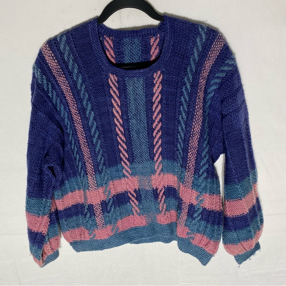 Vintage Handmade Blue Pink Bubble Sleeve Crew Neck Knit Sweater M Cottagecore